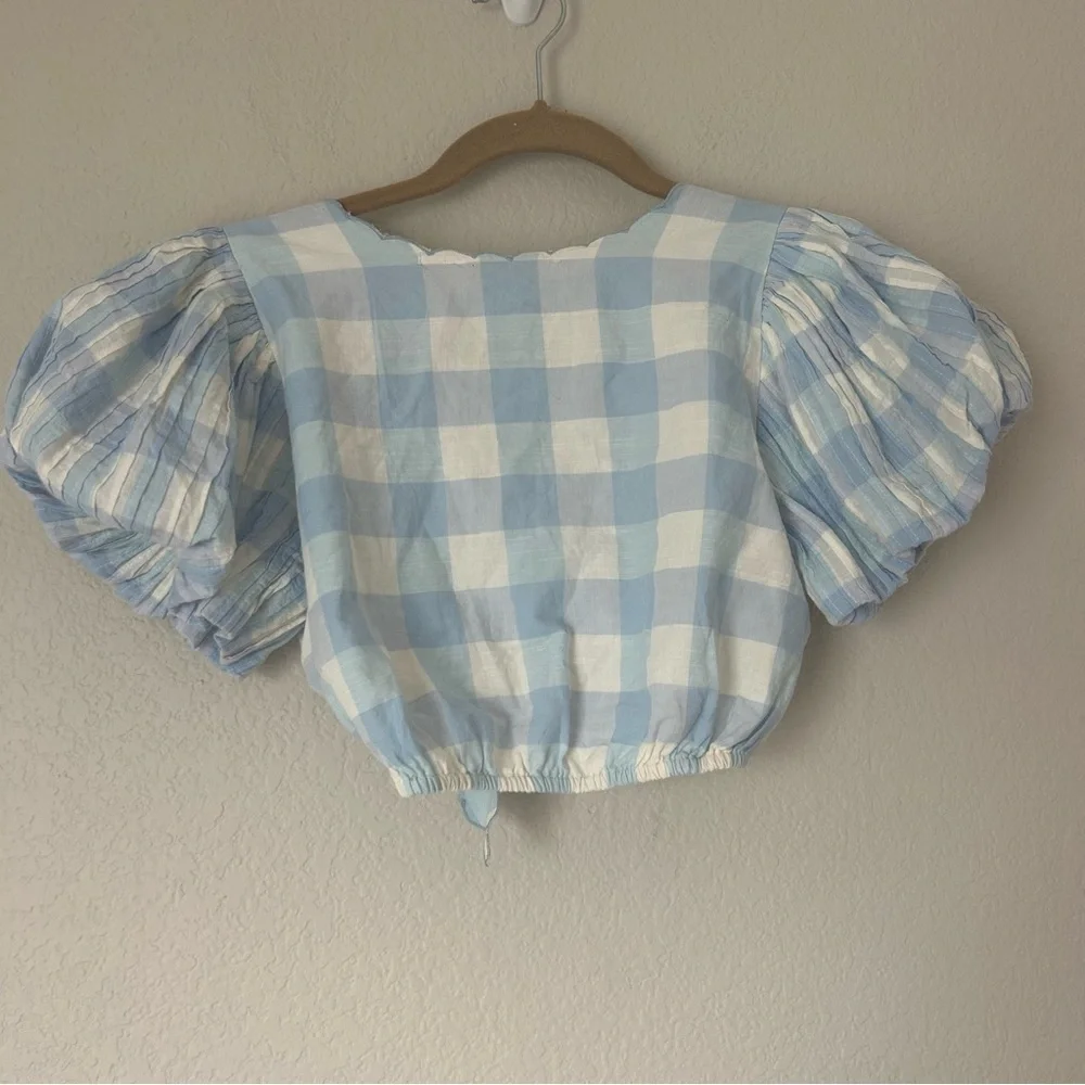 LoveShackFancy Hanover Crop Tie Front Top in Blue Gingham